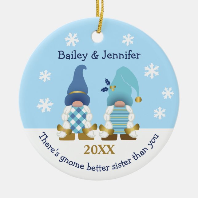 Niedlich Gnome Better Sister Gold Blue Gingham Keramik Ornament (Vorne)