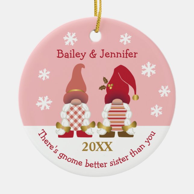 Niedlich Gnome Better Sister Red Gold Pink Gingham Keramik Ornament (Vorne)