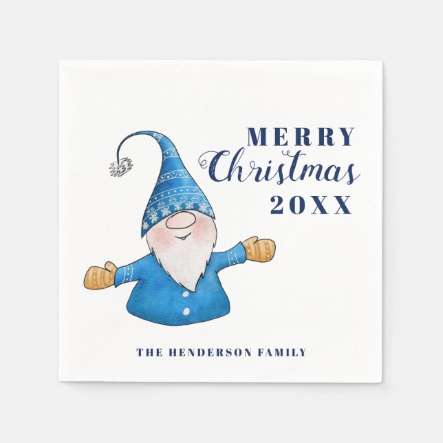 Niedlich Gnome Blue Frohe Weihnachten Serviette (Vorderseite)