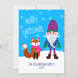 Niedlich Gnome Fox Snowflakes Blue Frohe Weihnacht Feiertagskarte