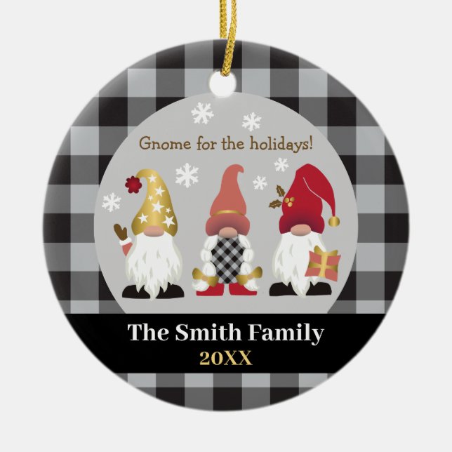 Niedlich Gnome Holidays Red Gold Black Buffalo Kar Keramik Ornament (Vorne)
