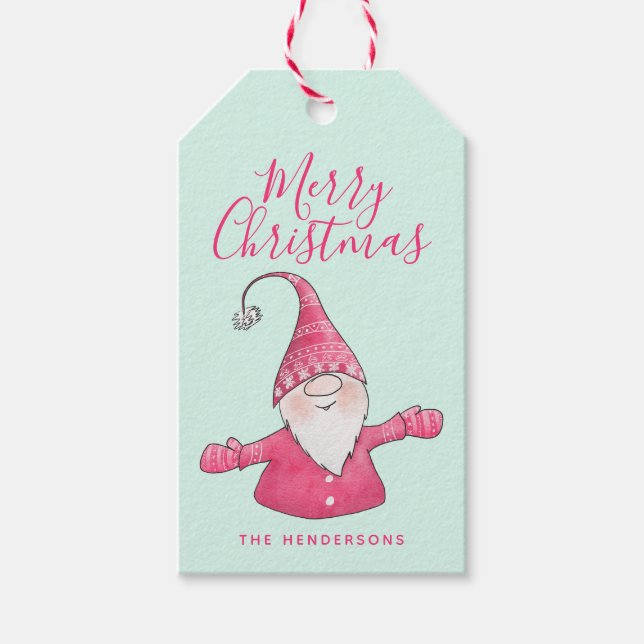Niedlich Gnome Mint Grün und Rosa Frohe Weihnachte Geschenkanhänger (Vorderseite)