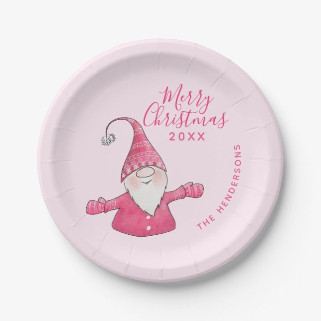 Niedlich Gnome Pink Custom Frohe Weihnachten Pappteller (Vorderseite)