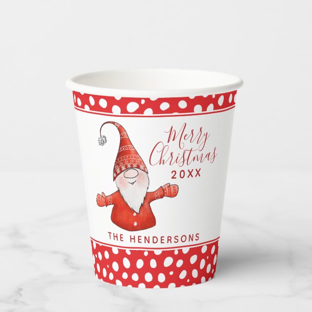 Niedlich Gnome Polka Dots White Red Frohe Weihnach Pappbecher (Vorderseite)