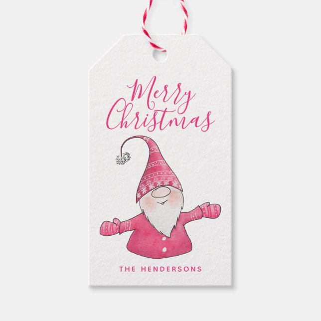Niedlich Gnome Weiß und Rosa Frohe Weihnachten Geschenkanhänger (Vorderseite)