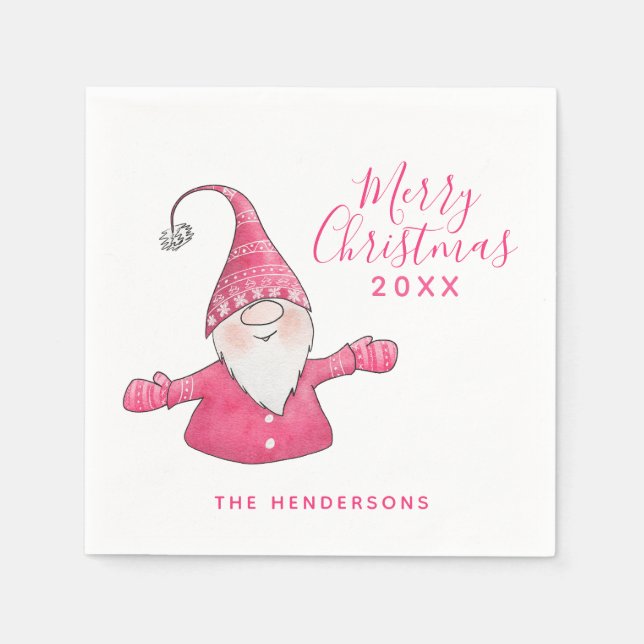 Niedlich Gnome Weiß und Rosa Frohe Weihnachten Serviette (Vorderseite)
