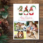 Niedlich Gnomes Frohe Weihnachts-Foto Feiertagskarte<br><div class="desc">Fröhliche Foto Collage Urlaubskarte mit Ihren 4 Fotos,  drei niedlichen skandinavischen Gnomen mit saisonalen Rot- und Grünhütten und Melodien,  "Frohe Weihnachten" in einem roten Drehbuch und Ihren Namen und das Jahr in schlichter moderner roter Typografie.</div>