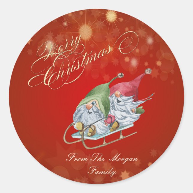 Niedlich Gnomes Sleigh Weihnachten Runder Aufkleber (Vorderseite)