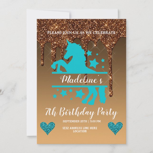 Niedlich Gold Dripping Glitzer Unicorn Einladung (Vorderseite)