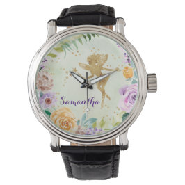 Niedlich Gold Glitzer Fee mit Lila Wilden Blume Armbanduhr