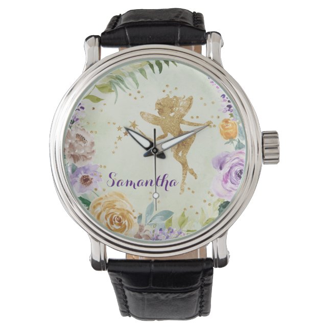 Niedlich Gold Glitzer Fee mit Lila Wilden Blume Armbanduhr (Vorderseite)