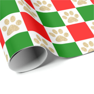 Niedlich Gold Glitzer Paw Print Red Green Checked Geschenkpapier