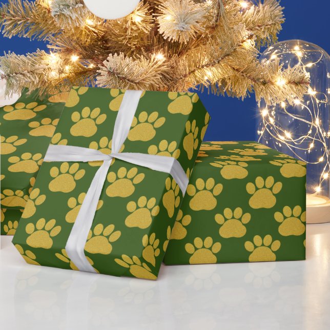 Niedlich Gold Glitzer Paw Prints Pet Lovers Green Geschenkpapier (Feiertage)