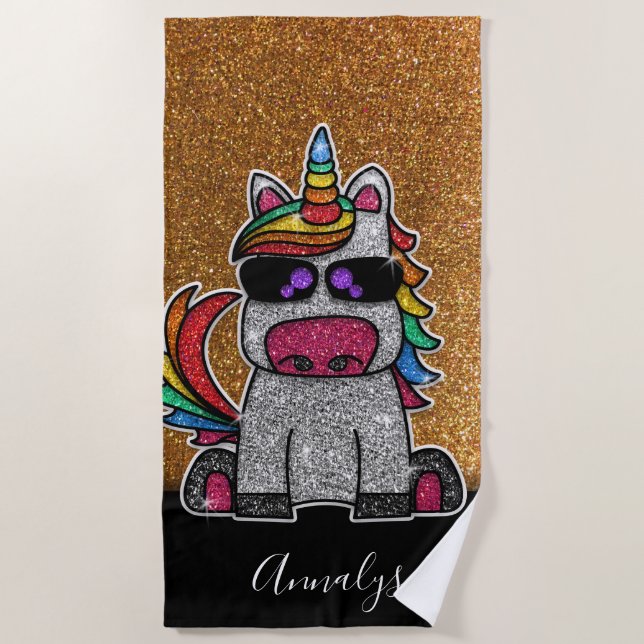 Niedlich Gold Glitzer Rainbow Einhorn Glitzern Gla Strandtuch (Vorderseite)