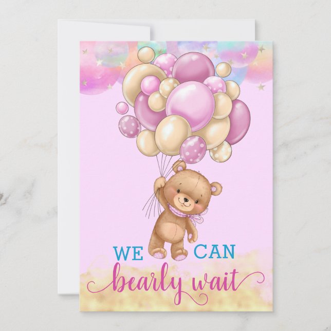 Niedlich Gold Rainbow Teddy Bärenballons Babydusch Einladung (Vorderseite)