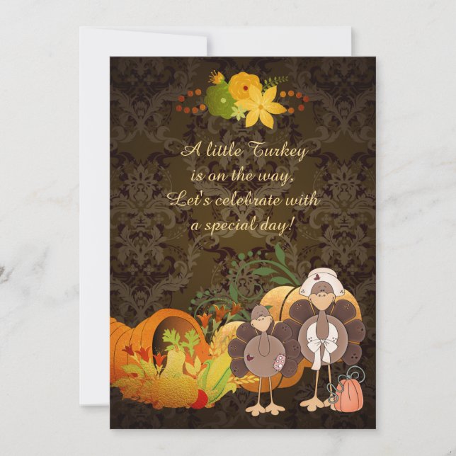 Niedlich Golden Erntedank Girl Turkey Babydusche Einladung (Vorderseite)