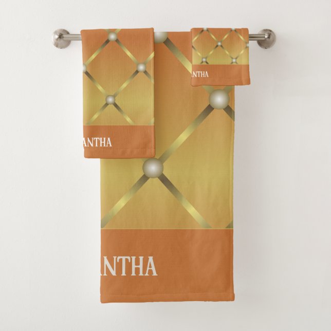 Niedlich Golden Orange Geometric Mesh Name Badhandtuch Set (Insitu)