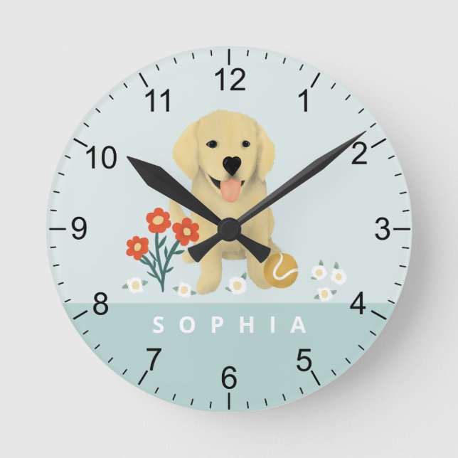 Niedlich Golden Retriever Dose Floral Runde Wanduhr (Vorderseite)