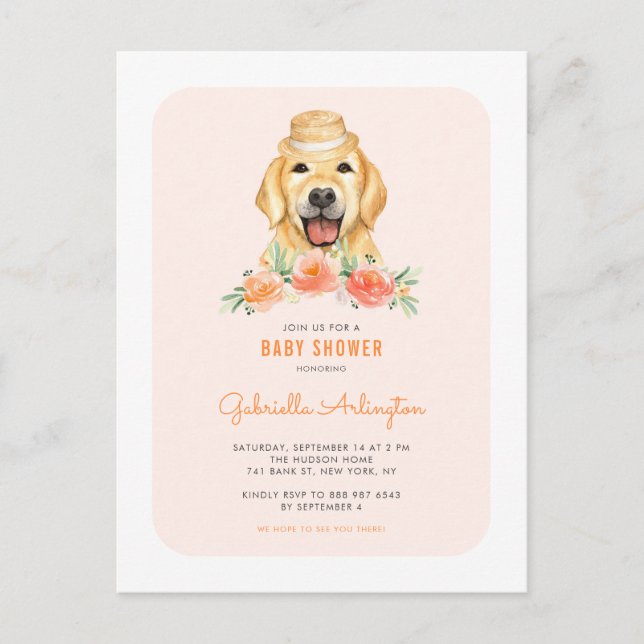 Niedlich Golden Retriever Peach Floral Baby Dusche Einladungspostkarte (Vorderseite)