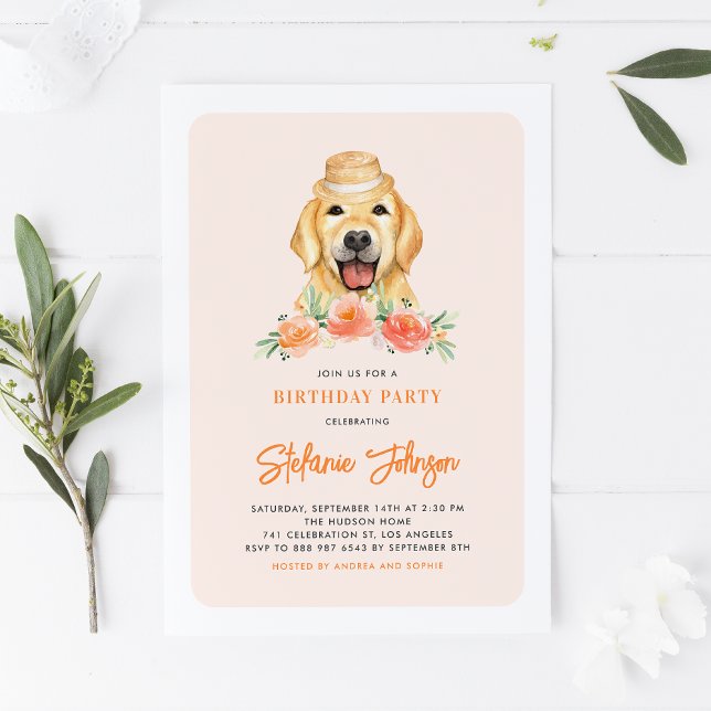 Niedlich Golden Retriever Peach Floral Kindergebur Einladung (Von Creator hochgeladen)