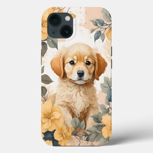 Niedlich Golden Retriever Puppy Yellow Flowers Case-Mate iPhone Hülle (Rückseite)