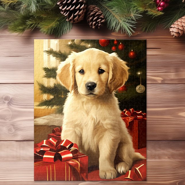 Niedlich Golden Retriever Weihnachtsbaum (Cute Golden Retriever Christmas Tree Holiday Art Jigsaw Puzzle)