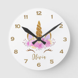 Niedlich Golden Unicorn Personalisiert Runde Wanduhr