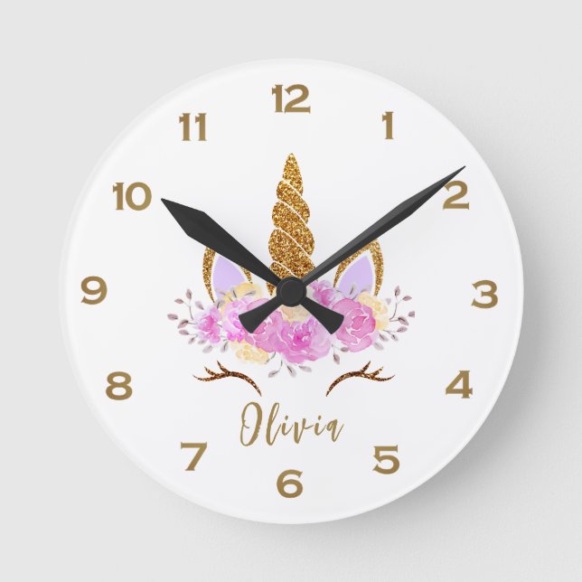 Niedlich Golden Unicorn Personalisiert Runde Wanduhr (Vorderseite)
