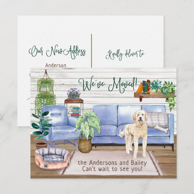 Niedlich Goldendoodle Gemütlich Neue Zuhause-Beweg Ankündigungspostkarte (Vorne/Hinten)