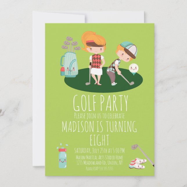 Niedlich Golf Birthday Party Boy Girl Green Einlad Einladung (Vorderseite)