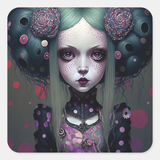 Niedlich Goth Girl Lila Black Fantasy Art Quadratischer Aufkleber (Vorderseite)