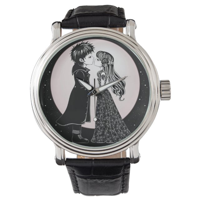 Niedlich gotische Emo Kids Kiss Valentinstag Armbanduhr (Vorderseite)