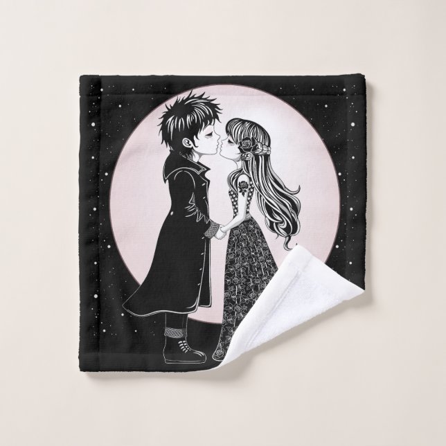 Niedlich gotische Emo Kids Kiss Valentinstag Badhandtuch Set (Waschlappen)