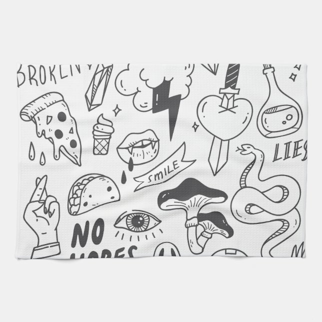 Niedlich Graffiti: Doodle Art Set. Geschirrtuch (Horizontal)