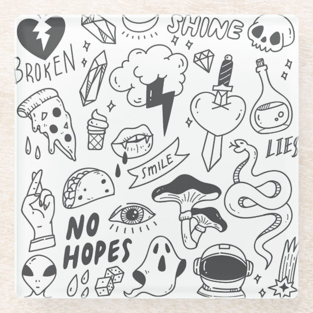 Niedlich Graffiti: Doodle Art Set. Glasuntersetzer (Vorderseite)