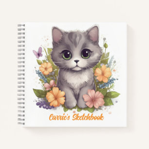 Niedlich Grau Kitten mit Frühlingsblumen Notizbuch