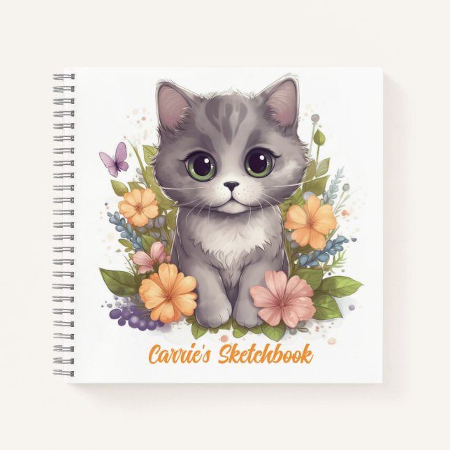 Niedlich Grau Kitten mit Frühlingsblumen Notizbuch (Vorderseite)