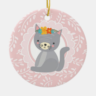 Niedlich Grau Kitten Pink Weiße Katze Keramik Ornament