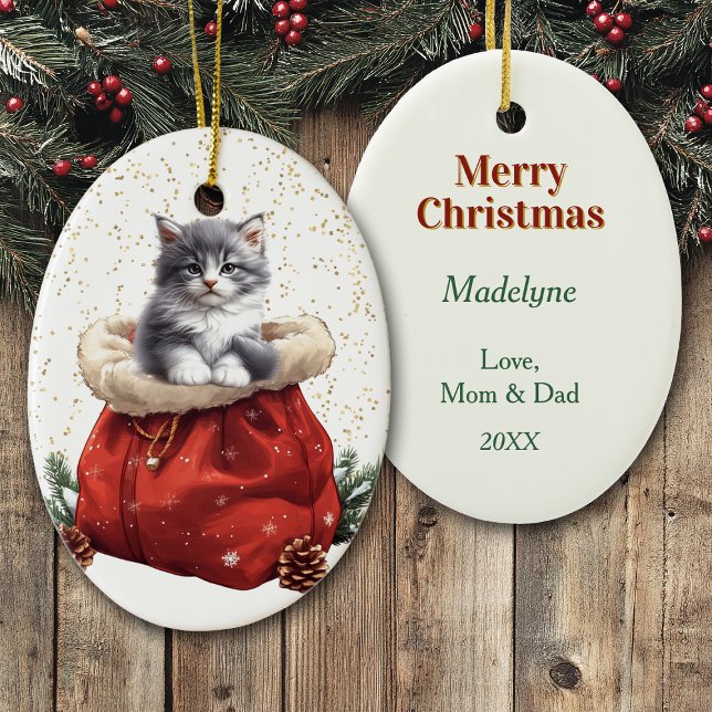 Niedlich Grau Kitten Weihnachtsgeschenktasche Keramik Ornament (Von Creator hochgeladen)
