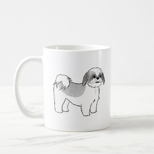 Niedlich Grau und Weiß Shih Tzu Cartoon Dog Kaffeetasse (Links)