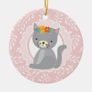 Niedlich Graukätzchen Pink-weiße Katze Keramik Ornament