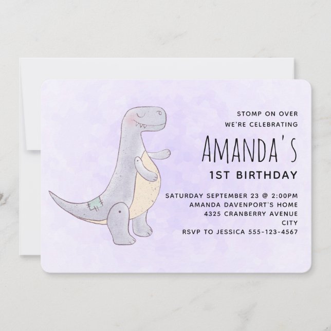 Niedlich Gray Dinosaurier Toy Watercolor Geburtsta Einladung (Vorderseite)