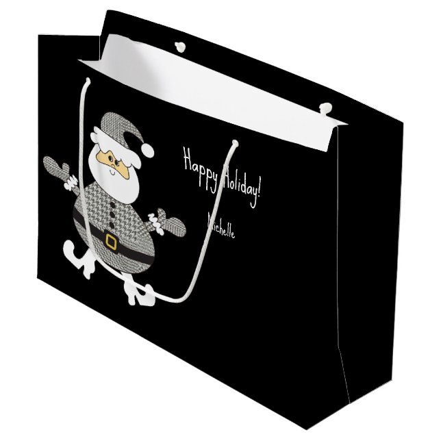 Niedlich Gray Kariert Santa Holiday Illustration Große Geschenktüte (Vorderseite Schrägansicht)