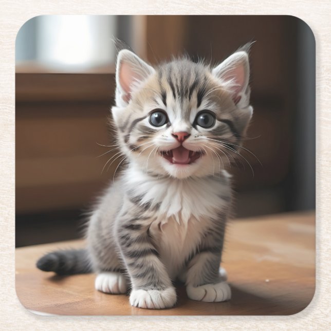 Niedlich Gray Kitten Lächeln Untersetzer Set (Vorderseite)