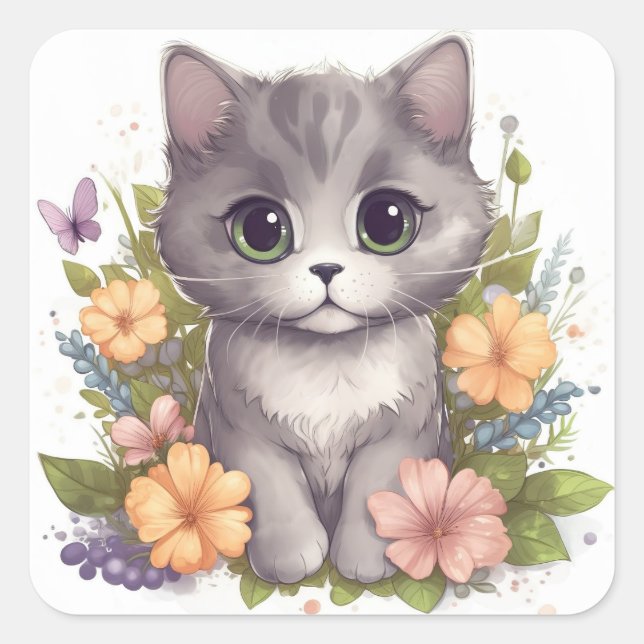 Niedlich Gray Kitty mit Blume Chibi Kawaii Quadratischer Aufkleber (Vorderseite)