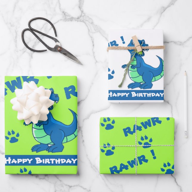 Niedlich Green Blue Dinosaur Paw Rawr Geschenk Geschenkpapier Set (Vorderseite)