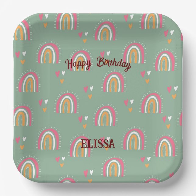 Niedlich Green Boho Rainbow Birthday Individuelle  Pappteller (Vorderseite)