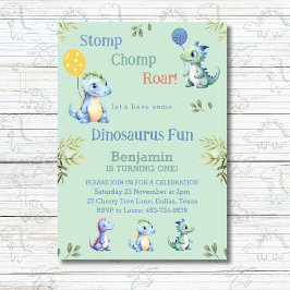 Niedlich Green Boy Dinosaur 1. Geburtstag Party Einladung