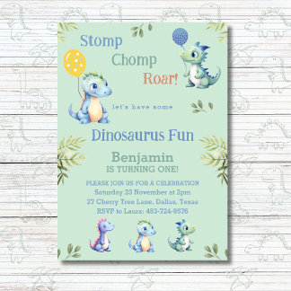 Niedlich Green Boy Dinosaur 1. Geburtstag Party Einladung