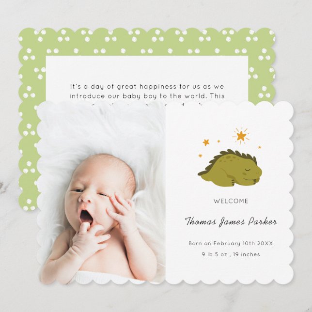 Niedlich Green Dinosaur Baby Birth Ankündigung (Vorne/Hinten)